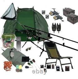2 Rod Carp Fishing Set Up Kit Rods Reels Chair net shelter ALL TACKLE