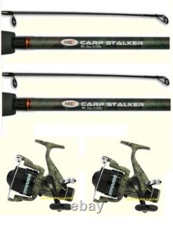 2 X Carp Fishing Camo Pattern Stalker 8 ft Margin Rod + Freespool Reel with Line