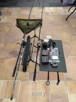 24pc Carp Fishing 2 Rod Set Up Inc Pod Alarms 42 Net Bait Rigs Pva Bags Matt