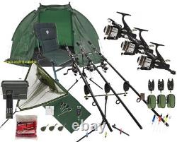 3 Rod Carp Fishing Set Up Kit Rods Reels Chair Net Bait Shelter Pod 10 ft