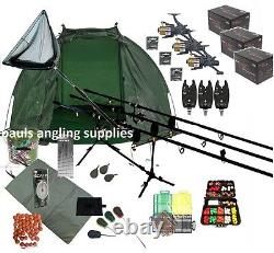 3 Rod Carp Set Up Kit Fishing Rods Reels Alarms Bait Tackle Mat Shelter Net NEW