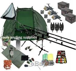 ASL 3 Rod Carp Set Up Kit Fishing Reels Alarms Bait Tackle Mat Shelter Net