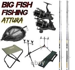 BLACKROCK/ATTURA Carp Set 2 x Carbon Carp Rods, 2 x Reels, Rod Pod, Net, & Stool