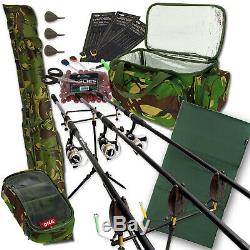Carp Fishing 3 Rod & Reel Set Up With Camo Carryall + Rod Holdall Tackle & Bait