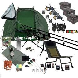 Carp Fishing Kit Set Up 9ft Rods Reels Chair TACKLE PACK Net Bait 3 Rod ALL NEW