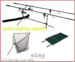 Carp Fishing Set 2 Rods 2 Reels 2 Alarms Rod Pod Mat Carp Landing Net + Handle