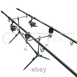 Carp/Pike Fishing Kit 2 Rods 2 BTR/Free Spool Reels Pod+2 Alarms+Shelter/Bivvy