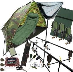 Carp fishing Set Up 2 Rods Reels Alarms Bedchair 42 Net Bait Bivvy & Tackle