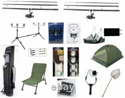 Complete Carp Fishing Outfit Set Chair Shelter Rods Reels Alarms Pod Bag Net