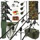 Complete Carp Fishing Set Up 3 Rods Reels Pod Net Alarms Mat Carryall Tackle
