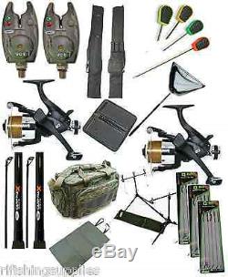 Complete Carp Fishing Set Up Rods Reels Alarms Rod Holdall Bag Hair Rigs Net Mat