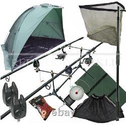 Full Carp Fishing 2 Rod Set Up Rods Reels Alarms Net Mat Sling Bivvy Set