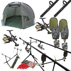Full Carp Fishing 2 Rod Set Up With Day Bivvy Shelter Rods Reels Pod Alarms