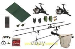 Full Carp Fishing Set Up 8ft Rods Reels Bite Alarms Landing Net Pod Mat Tackle