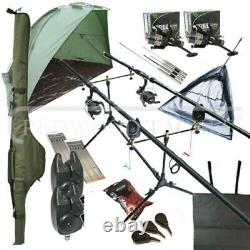 Full Carp Fishing Set Up Complete With 2 Rods Reels Alarms Landing Net Tackle