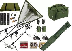 Full Carp Fishing Set Up Rods Reels Bite Alarms Net Mat 3 Packs Bait Hook Tackle
