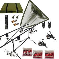 Full Carp Fishing Set Up Rods Reels Bite Alarms Net Mat Bait Hook Tackle 12 ft