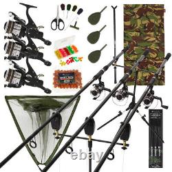 Full Carp fishing Set With 3 x Rods And Reels Alarms Landing Net Mat Pod Tackle