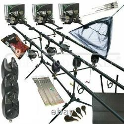 Full Carp fishing Set With 3 x Rods And Reels Alarms Landing Net Mat Pod Tackle