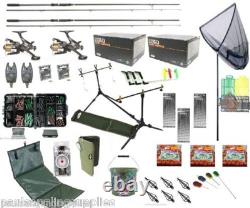 Lineaeffe Full Carp Fishing Set Up Kit Rods Reels Alarms Bait Tackle Mat