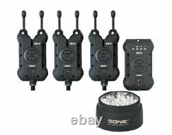 New Sonik SKX Bite Alarms & Receiver 3 rod set + Free bivvy Lamp incl Carry Case