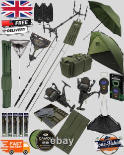 Ultimate Carp Fishing Bundle 2 Rods 2 Reels Bivvy Rod Pod Holdall Net Full set