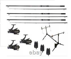 3 Cannes à carpe Shakespeare Firebird Moulinets Kit de pêche à la carpe avec alarmes et pod