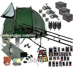 3 Rod Carp Set Up Kit Fishing Rods Reels Giant Tackle Pack Mat Shelter Net