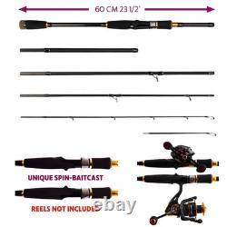 Canne à pêche Predator Spin-Baitcast de voyage, 4 pièces avec étui, 2 pointes, 15 kg max, compacte