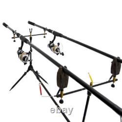 Configuration de pêche à la carpe 2 cannes et moulinets avec sac de transport camouflé, étui à cannes, matériel et appâts