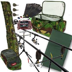 Configuration de pêche à la carpe 2x cannes et moulinets avec sac de transport camo, housse de canne, équipement et appâts