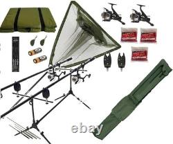 Ensemble complet de pêche au carpe : cannes, moulinets, alarmes de touche, épuisette, tapis, appât, hameçon, matériel 12 pieds