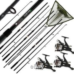 Ensemble de cannes à carpe 3x 12ft 3 pièces 2.75LB & 3 moulinets 10 ligne 42 filet & poignée