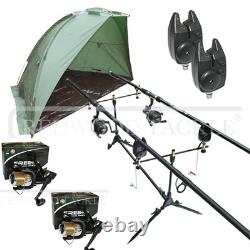 OAKWOOD Équipement de pêche au gros 2 cannes 2 moulinets BTR/FreeSpool/alarms/abri/bivvy